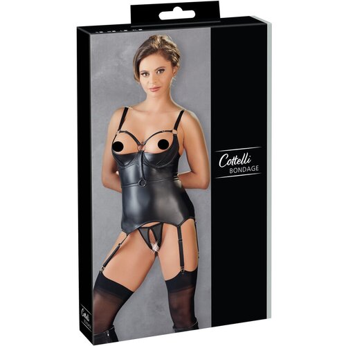 Cottelli Bondage - sijajni top z manšetami za roke (črn) Cene