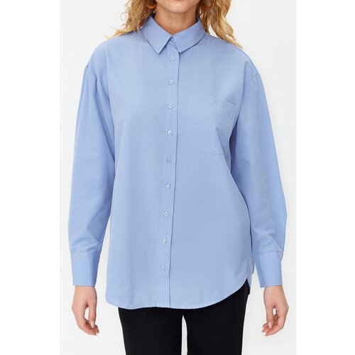 Trendyol Sky Blue Single Pocket Boyfriend Woven Cotton Shirt Cene