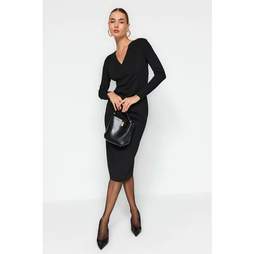 Trendyol Black Double Breasted Neck Long Sleeves Smocking Detailed Fitted Midi Knit Dress