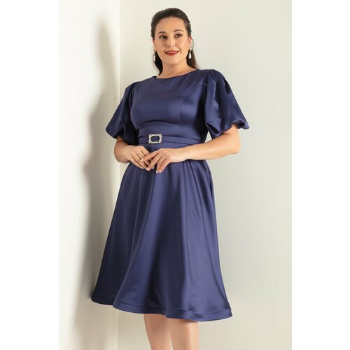 Lafaba Women's Navy Blue Balloon Sleeve Stone Belted Plus Size Satin Evening Dress Slike