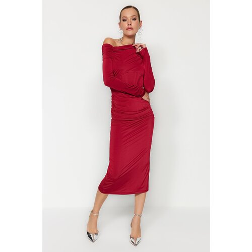 Trendyol Burgundy Fitted Knitted Corset Detailed Dress Slike