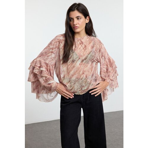 Trendyol Light Brown Animal Ruffle Detailed Blouse Slike