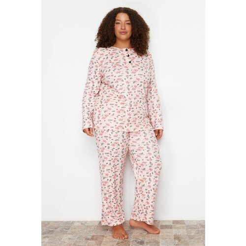 Trendyol Curve Pink Buttoned Floral Pattern Knitted Pajamas Set Cene