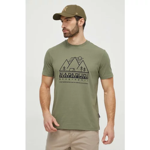 Napapijri Pamučna majica za muškarce, boja: zelena, s tiskom
