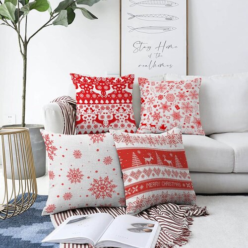 Minimalist Cushion Covers set od 4 božićne jastučnice od kenila minimalističke navlake za jastuke crvene pahuljice, 55 x 55 cm Slike