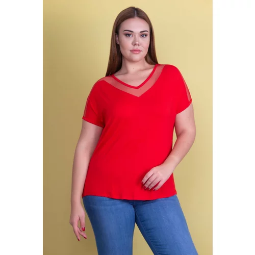 Şans Women's Plus Size Red Collar And Sleeve Tulle Detail Viscose Blouse