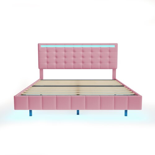 Lumor Postelja za odrasle 160x200 cm – lebdeča z LED in 2 USB-priključkoma + letveno dno – laneno blago – roza, (22151171) Cene