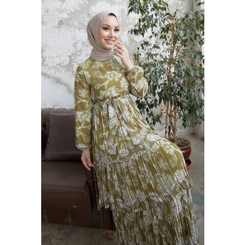 InStyle Layered Pleats Chiffon Hijab Dress - Oil Green for Mother Slike