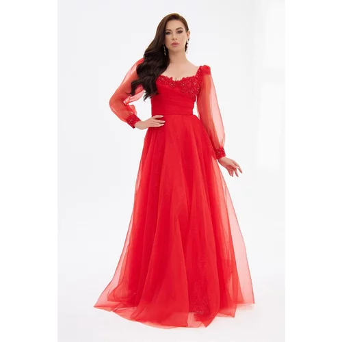 Carmen Red Lurex Tulle Front Embroidered Long Sleeve Engagement Dress