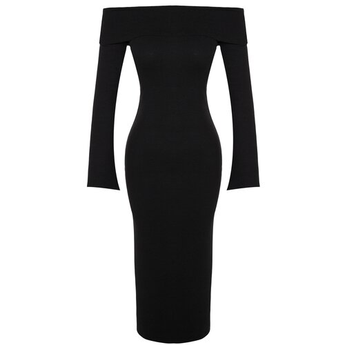 Trendyol Black Fitted/Sticky Carmen Collar Corsair Soft-Texture Midi, Stretch Knit Dress Slike