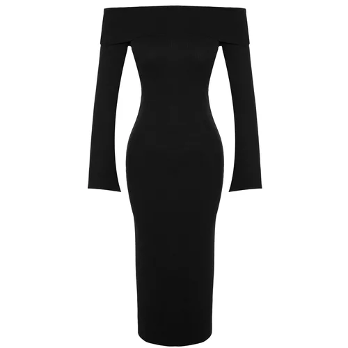 Trendyol Black Fitted/Sticky Carmen Collar Corsair Soft-Texture Midi, Stretch Knit Dress