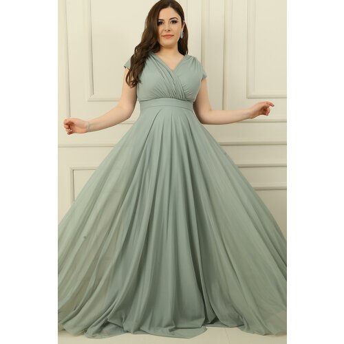 By Saygı Double Breasted Neck Lined Nail Sleeve Full Circle Flared Chiffon Tulle Plus Size Long Dress Slike