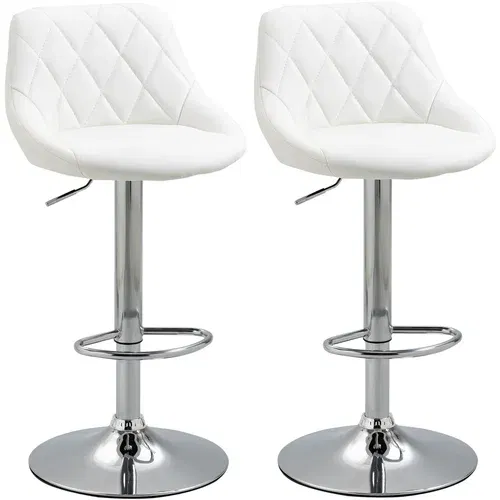 HOMCOM Komplet 2 barskih stolčkov, nastavljiva višina s kovinskim podnožjem in sedežem iz usnja, sodobni stolčki z naslonom in podnožjem, 46x48x83-104cm, beli, (20745232)