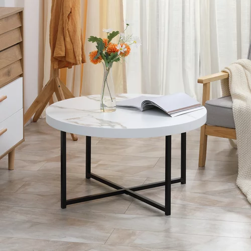 HOMCOM Okrogla kavna mizica iz MDF z marmornim učinkom in kovinskimi nogami, Φ80x45 cm, bela, (20755622)