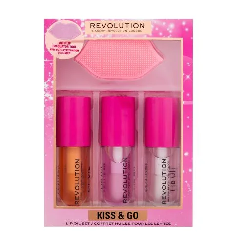 Revolution Kiss & Go Lip Oil Set Set ulje za usne Lip Oil Honey 4,5 ml + ulje za usne Lip Oil Peach Pink 4,5 ml + ulje za usne Lip Oil Watermelon 4,5 ml + četkica za piling usana 1 kom