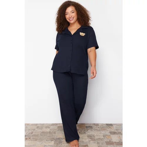 Trendyol Curve Navy Embroidered Shirt Collar Knitted Pajamas Set