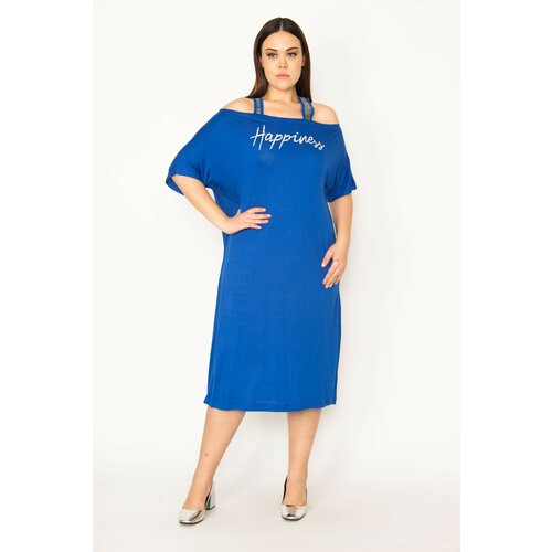 Şans Women's Plus Size Saks Silvery Detailed Front Printed Viscose Dress Cene