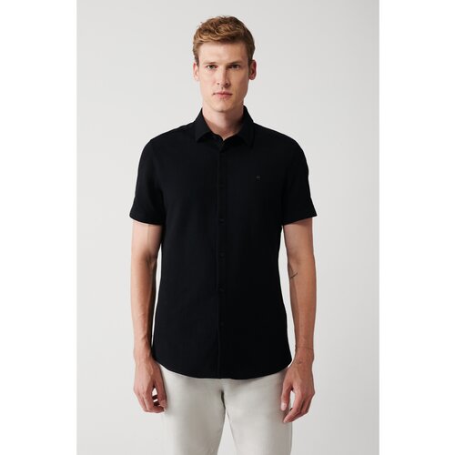 Avva Men's Black Easy-to-Iron Classic Collar Knitted Lycra Cotton Slim Fit Slim Fit Short Sleeve Shirt Cene