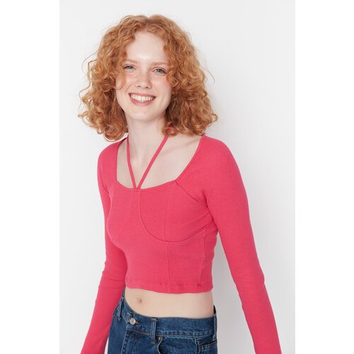 Trendyol Fuchsia Crop Tie Corduroy Knitted Blouse Slike