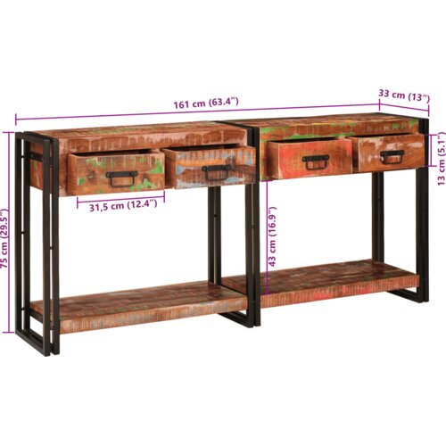 VidaXL Konzolni stolovi Set od 2 s ladicama, Vi&amp;scaron;ebojno čvrsto obnovljeno drvo, konzolni stol s ladicama 160x33x75 cm Čvrsto obnovljeno drvo Slike