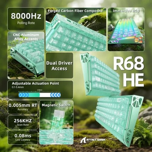 Attack Shark Bežična gaming tastatura R68HE Magnetic Switches/RT/Snap Tap/DKS/MT/TGL/Lake Green Slike