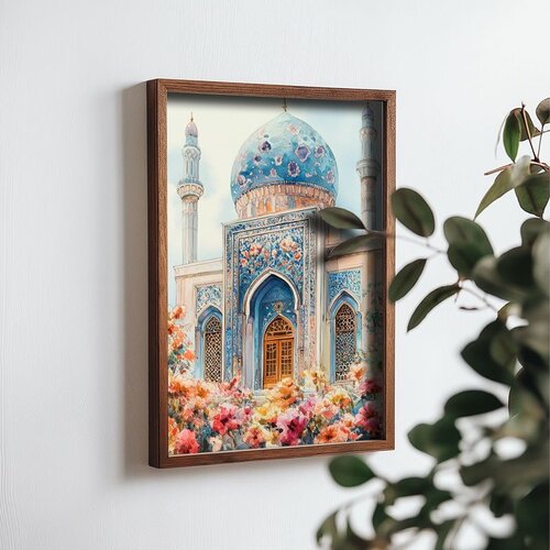 Wallxpert uramljena MDF slika NAL068-46, plava džamija sa kupolom i minaretima među cvećem, 35,5 x 47 cm Cene