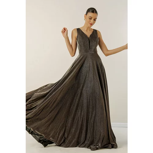 By Saygı V-Neck Imaginary Evening Dress with Tulle and Glittery Lined.