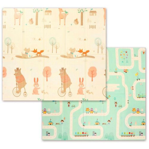 BabyOno dvostrana podloga za igru Animals&amp;amp;Road 180x200 cm Slike