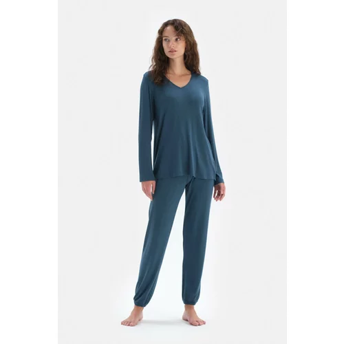 Dagi Oil Blue V-Neck Long Sleeve Piping Detailed Top Jogger Pajamas Set