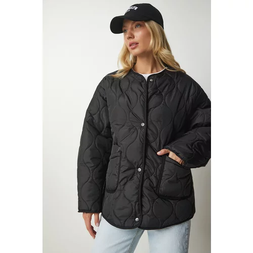 Happiness İstanbul Women's Black Oversized Quilted Coat with Pocket
