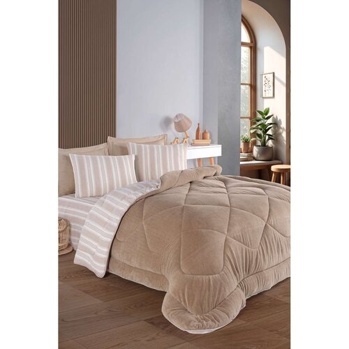 Soft Line - Beige Beige Double Quilt &amp;amp; Pillow Set Slike