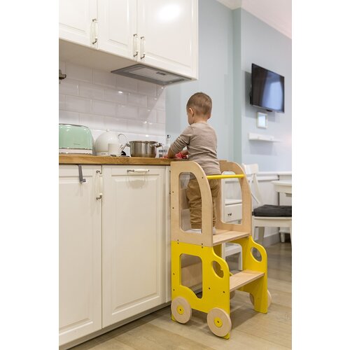 ToddlerInFamily 2v1 MONTESSORI STOLEK POMAGALEK-MOTIV AVTO (VE BARV)-Natur/Rumena Slike