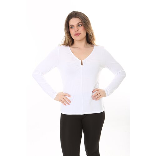 Şans women's plus size white chest gathered detail long sleeve blouse Cene
