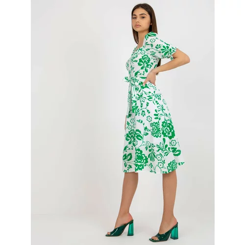 Fashion Hunters White and green patterned midi dress with belt