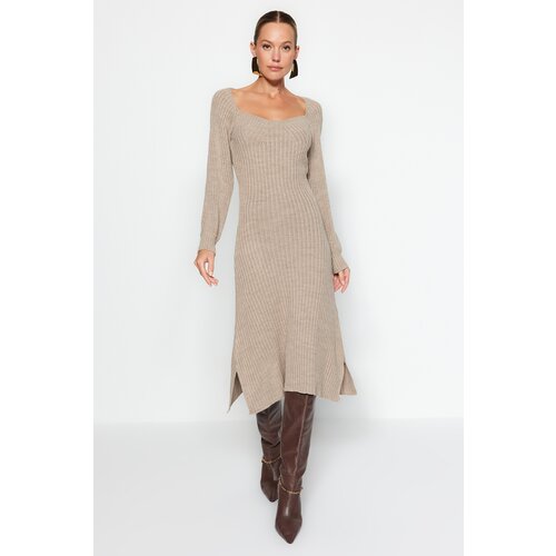 Trendyol Mink Midi Knitwear Sweetheart Neck Dress Slike