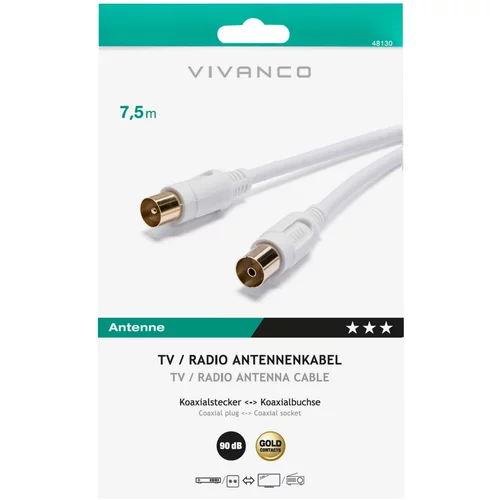 Vivanco Antennenkabel weiß 7,5m 48130 7,5m Koaxk.90DB weiss Zum Anschluss von Radio/Tv Geräten