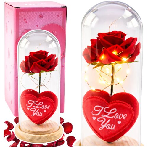 Eternal Rose in Dome with LED Lighting Red with Heart 18.5x8cm Slike