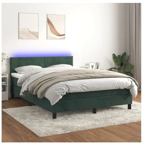 vidaXL Krevet box spring s madracem LED tamnozeleni 140x190 cm baršun