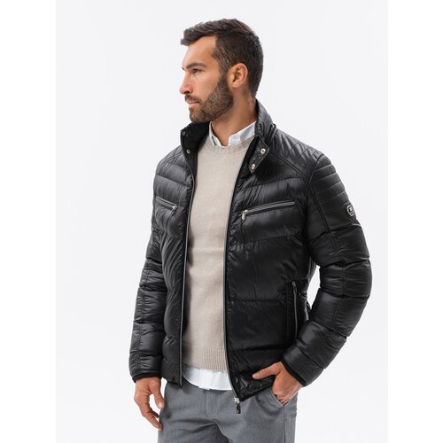 Ombre Men&amp;#039;s winter quilted jacket with decorative zippers - black Slike