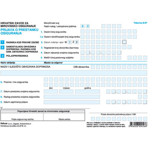  OBRAZAC M-2P/E PRIJAVA O PRESTANKU OSIGURANJA PK10 FOKUS Cene