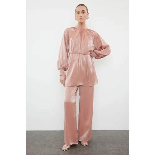 Trendyol Dusty Rose Satin Woven Top-Bottom Set