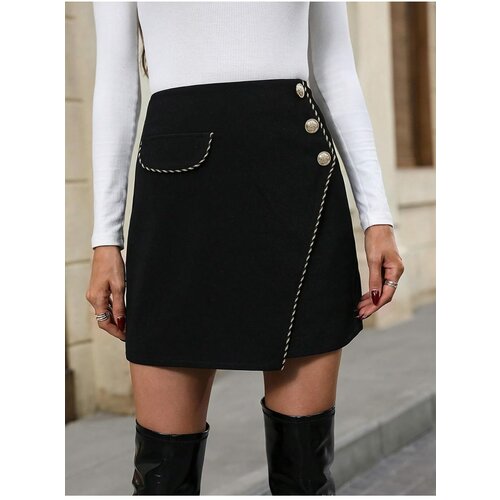 Laluvia Black Piping Gold Button Detailed Mini Skirt Slike