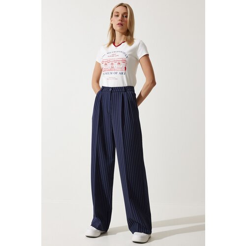  Women&amp;#039;s Navy Blue Thin Striped Masculine Palazzo Pants Slike