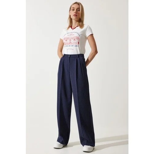  Women's Navy Blue Thin Striped Masculine Palazzo Pants