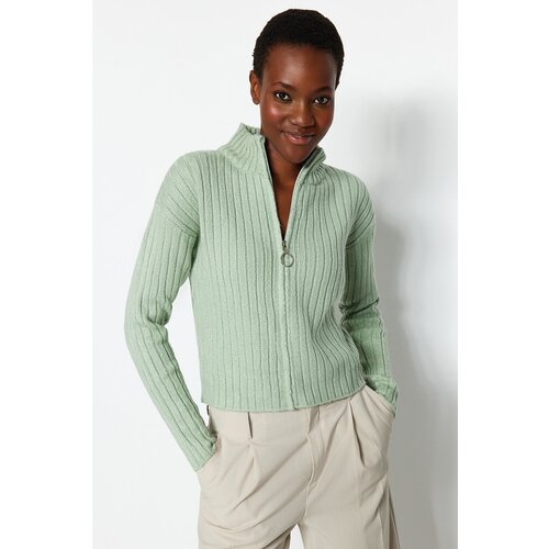 Trendyol Mint Soft Textured Zippered Knitwear Cardigan Slike