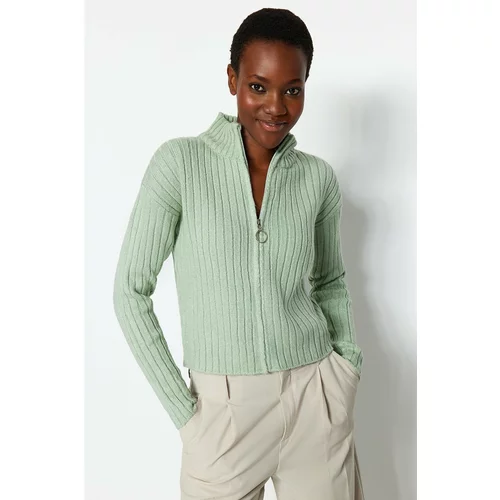 Trendyol Mint Soft Textured Zippered Knitwear Cardigan