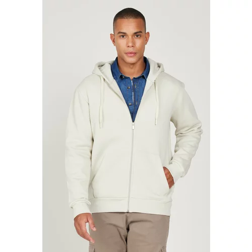 AC&Co / Altınyıldız Classics Men's Beige Standard Fit Regular Fit Inner Fleece 3 Thread Hooded Zipper Sweatshirt Jacket