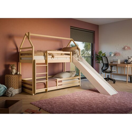 Molarem Home Drveni dječji krevet na kat Play s toboganom - svijetlo drvo - 180x80 - Madrac PE pjena 8 cm-spužvasti madrac Cijene