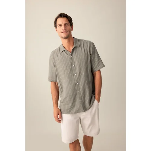 Defacto Relax Fit Polo Neck Striped Linen Short Sleeve Shirt