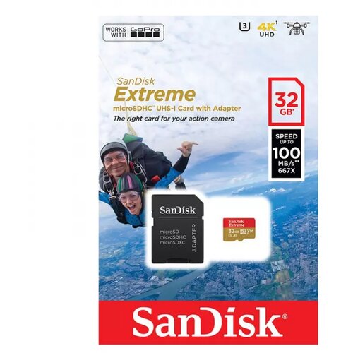 San Disk MicroSDHC 32GB 100MB/s Extreme Class 10 + Adapter Slike